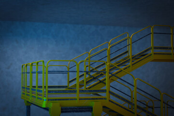 industrial staircase and platform. railings contrast with the dark.