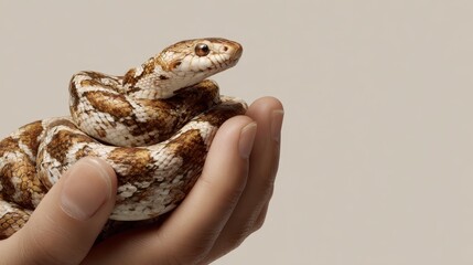 Obraz premium Close-Up of a Brown and White Non-Venomous Snake Being Held in a Hand Against a Soft Neutral Background with Minimalist Aesthetics
