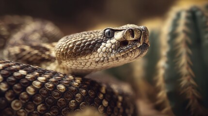 Obraz premium Close-Up of a Detailed Rattlesnake Coiled Among Cacti, Showcasing Intricate Scale Patterns and Intense Eyes in a Natural Desert Habitat
