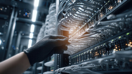Technician is working on network cables inside of a server room with advanced technology.