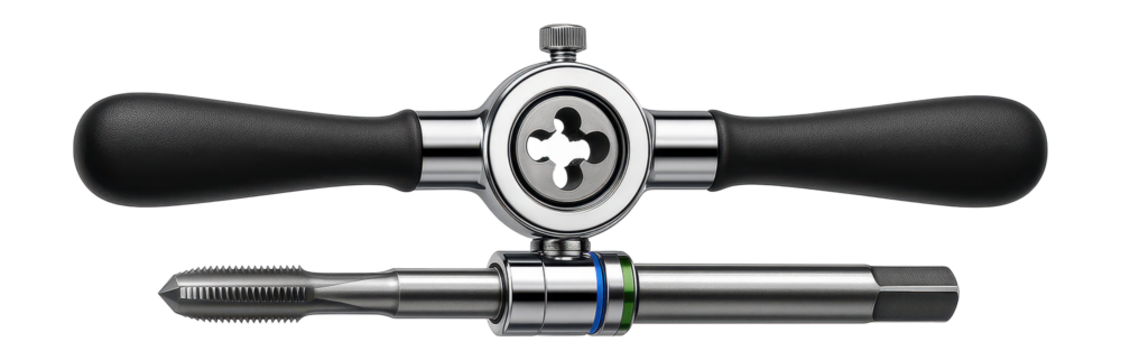 Plastic-handled tap and die set with coarse and fine thread options for DIY enthusiasts.