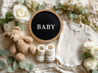 Baby announcement shower, board displaying baby text, white roses, eucalyptus, knitted onesie, booties, teddy bear on cream background.