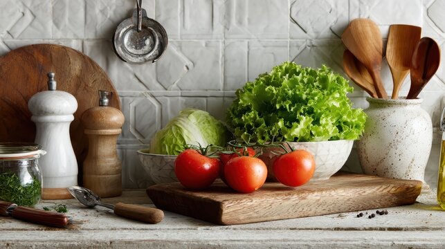 Fresh Vegetables and Herbs on Kitchen Counter with Rustic Decor: A Vibrant Display of Tomatoes, Lettuce, and Kitchen Utensils for Culinary Inspiration