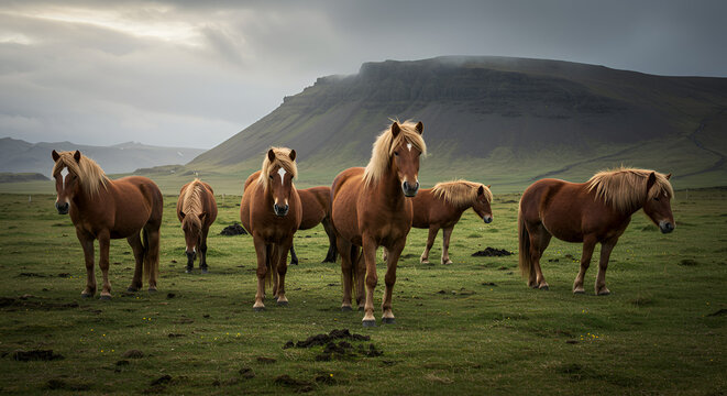 Wild horses grazing peacefully in open grassland field landscape