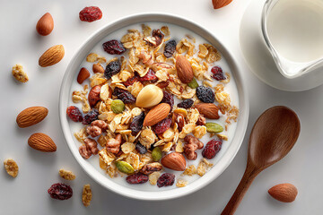 Top view of a tray of muesli in nuts on a bowl and milk jug on a white background. Classic breakfast. Stylish tableware. 