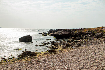 rocky beach in the sunset in summer