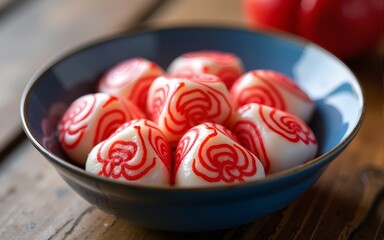 Close up of red and white tangyuan in blue bowl on wooden background for Winter solstice. High quality