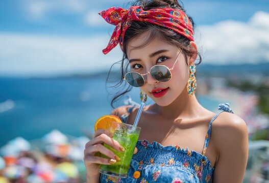 beautiful asian woman in a blue dress, holding a cocktail glass with a green drink and a red flower on her head, wearing sunglasses, posing for a photo at the rooftop bar - Powered by Adobe
