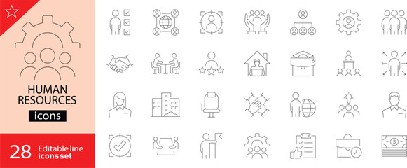 Set of outline icons related to HR, Human Resources, Recruitment, Employment, business, office, company, and management. Editable stroke. Vector illustration.