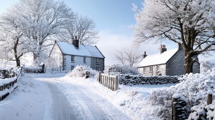 Naklejka premium a book cover for a cosy Women's Fiction novel set in a cluster of four detached Welsh houses in winter 