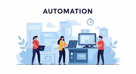 Collaborative Team Managing Business Automation Workflow in a Modern Flat Illustration.