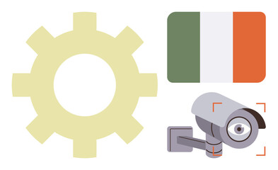 Gear, Irish flag, and security camera suggest innovation, national identity, and surveillance. Ideal for security, technology, automation, compliance innovation industry and national regulation