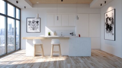 Modern white kitchen with city view (3)