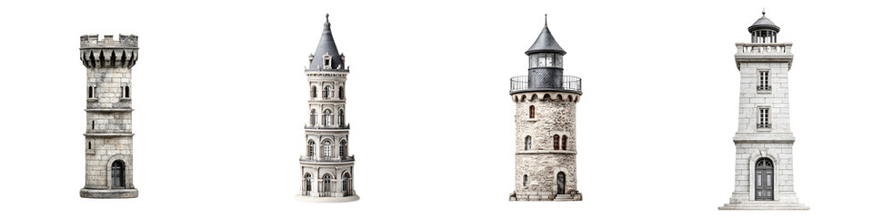 Fototapeta premium Medieval Towers and Turrets: Architectural Sketches on White