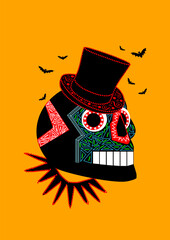 Halloween skull with cylinder hat. Day of the Dead Skull Art. A stylized black skull with colorful geometric patterns and a black top hat is set against an orange background. 