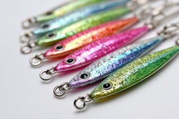 Vibrant close-up of colorful, shiny fishing jigs, essential for angling success.