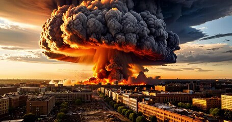 An aerial view of a large cloud of smoke rising from a city, with a large nuclear explosion in the middle of it. War related concept. - Powered by Adobe