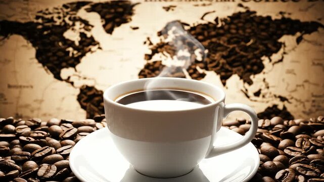 Coffee cups over a world map with coffee beans emphasizing global coffee culture and international