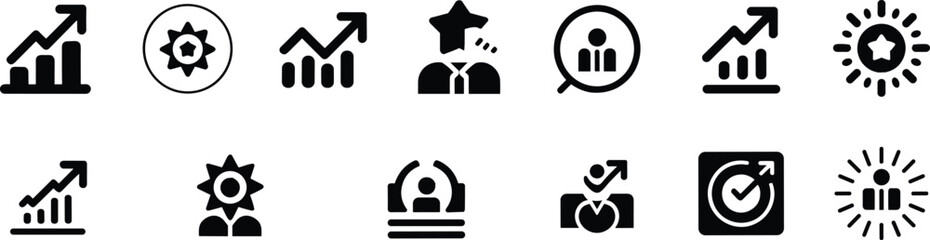 Business growth icons, achievement, performance metrics, recruitment, leadership, employee recognition, career progress, HR management, success, analytics, flat vector illustration