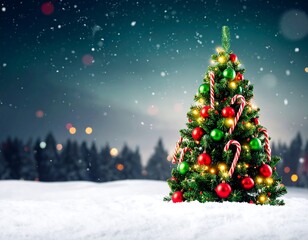 Obraz premium Christmas tree in snowy forest at night