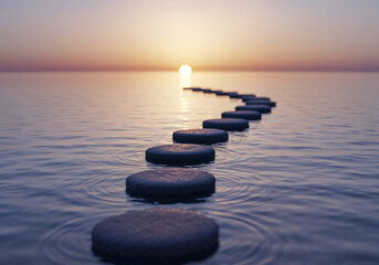 Stepping Stones Path Over Calm Water Leading to Sunset Horizon, Peaceful Zen Landscape for Wellness, Meditation, Tranquility, Inspiration, Balance and Mindfulness Concepts