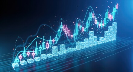 3d illustration of futuristic digital graph showing upward trend with glowing candlestick chart and data visualization on dark background