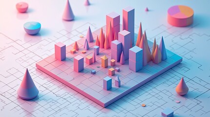 Colorful 3d infographic chart with pastel gradient bars cones pie charts and line graphs with colorful background