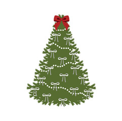 Christmas tree with color bows. New year decoration. Christmas decor. Bows set. Simple hand drawn ribbon bows. Bowknot for decoration, set of bowtie. Retro Christmas card . Wonderful winter time.