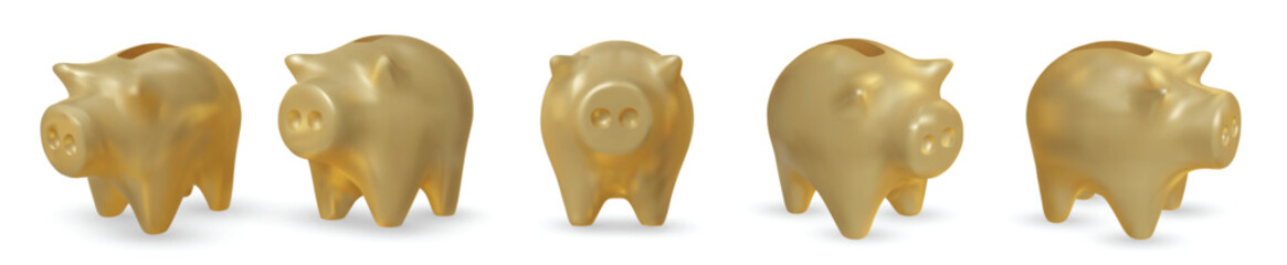 Minimalist 3D gold piggy bank collection perfect for financial design, banking apps, money saving concepts, and investment promotions.