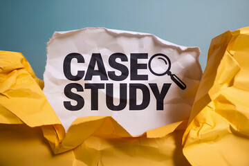 Case study message written on ripped white paper piece with yellow background. Conceptual case study symbol.