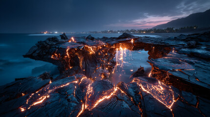 Fototapeta premium Ground cracks with lava, hot molten magma in breaks on land surface. Vector realistic set of fissure in ground from volcano or earthquake, fractures with liquid lava isolated on black background