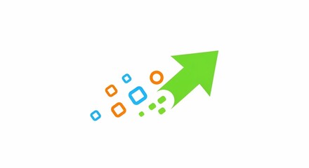 Dynamic Green Arrow Icon Showing Upward Growth from Colorful Digital Shapes.