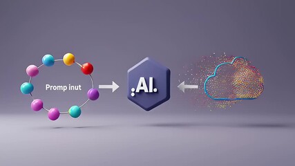 Colorful molecular structure leading to AI processing and data visualization in a digital cloud - Powered by Adobe