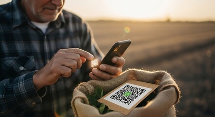 Farmer Scanning QR Code on Produce Bag at Sunset Smart Agriculture Concept.