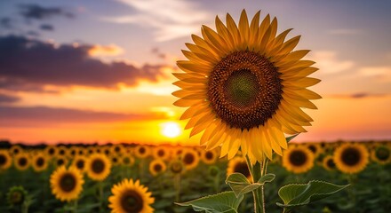 Fototapeta premium Sunflower Field at Sunset: Radiant Golden Blooms