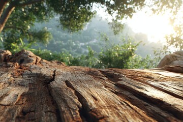 Naklejka premium Detailed wooden surface with sun-drenched, misty tropical forest backdrop.