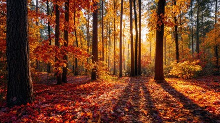 Autumnal forest bathed in golden sunlight