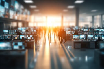 Modern control room filled with data screens, busy professionals, and a bright, hopeful light.