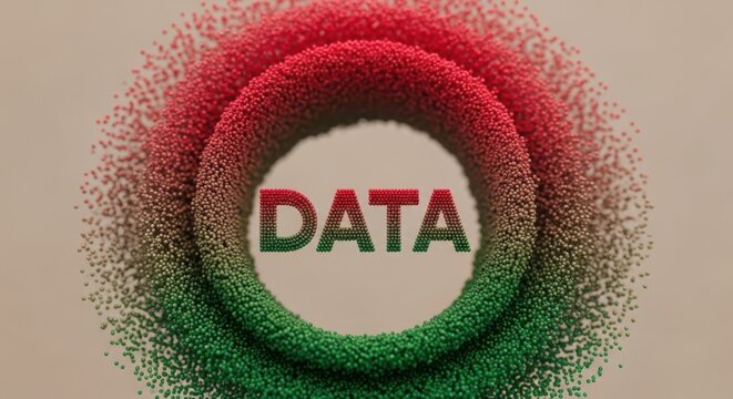 3d illustration of the word data formed by a circular arrangement of small particles transitioning from red to green, symbolizing data flow and transformation - Powered by Adobe