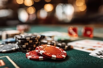 Close-up of vibrant poker chips on a green felt table, with blurry casino lights.