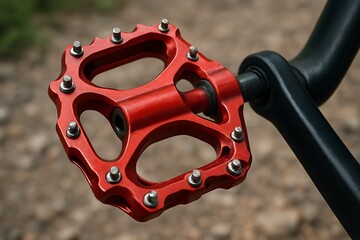 Close-up view of a red bicycle pedal during outdoor cycling activity