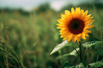 Golden sunflower in focus natural floral detail with green meadow background great for wellness or lifestyle design