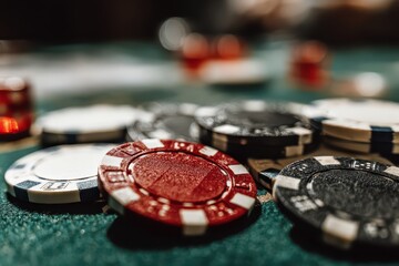 Vibrant poker chips scattered on a green casino table, ready for a game.