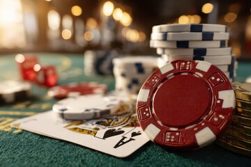 Close-up of poker chips and playing cards on a green casino table with bokeh lights.