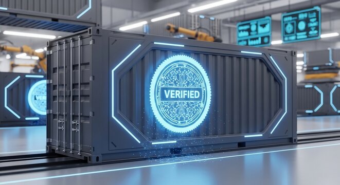 Futuristic Logistics Glowing Blue Verified Hologram on a Container in an Automated Warehouse.