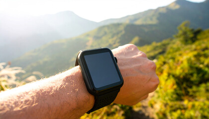 Checking Smartwatch on Mountain Hike Tracking Fitness Outdoors