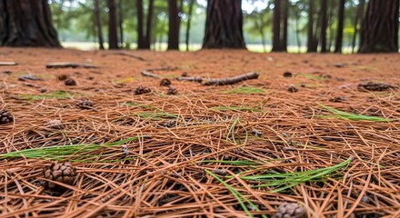 Obraz premium Forest floor covered in pine needles and pinecones