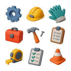 Cute 3D Construction Tools Set Icon and Element Illustration