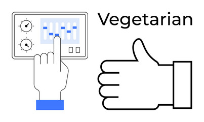 Control panel with sliders, hand making adjustments, thumbs-up signal, and Vegetarian text. Ideal for food preferences, diet, health choices, approval, customization technology simple landing page