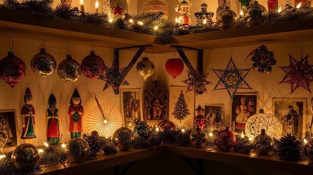 A beautifully decorated Christmas shelf showcasing vintage ornaments, colorful stars, and wooden figurines. Twinkling lights and pinecones enhance the cozy holiday atmosphere, with framed vintage phot